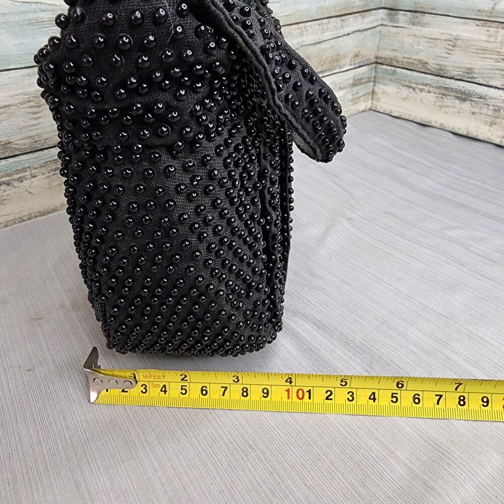Vintage Plastic Beaded Bag Pleated Satchel Crescent Black Zippered Closure - Picture 16 of 16